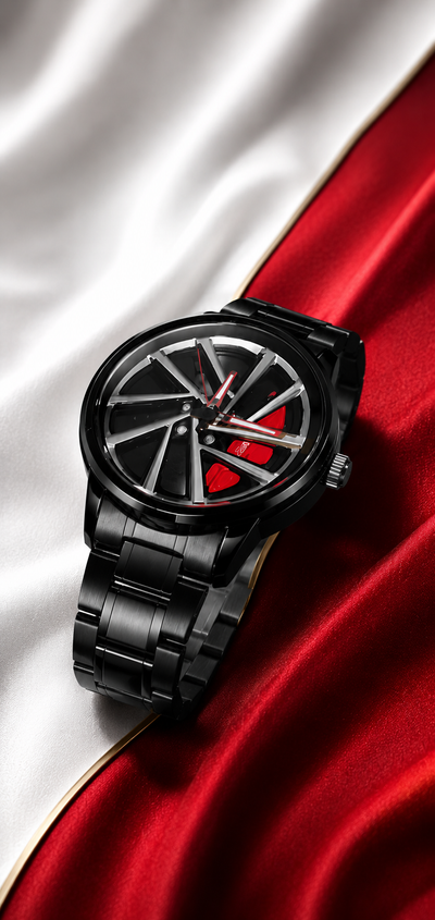 Luxury Sports Car Rim Watch – Black Stainless Steel