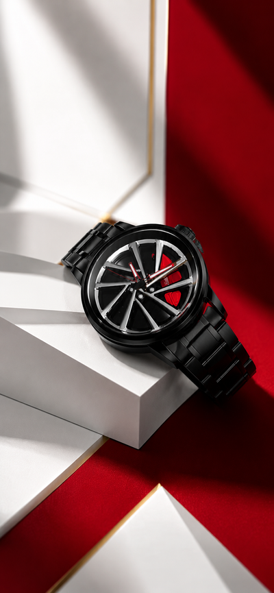 Luxury Sports Car Rim Watch – Black Stainless Steel