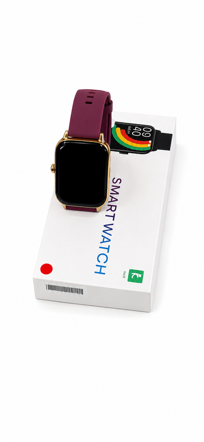 Premium HD Smart Watch – Stylish Gold Frame & Maroon Strap
